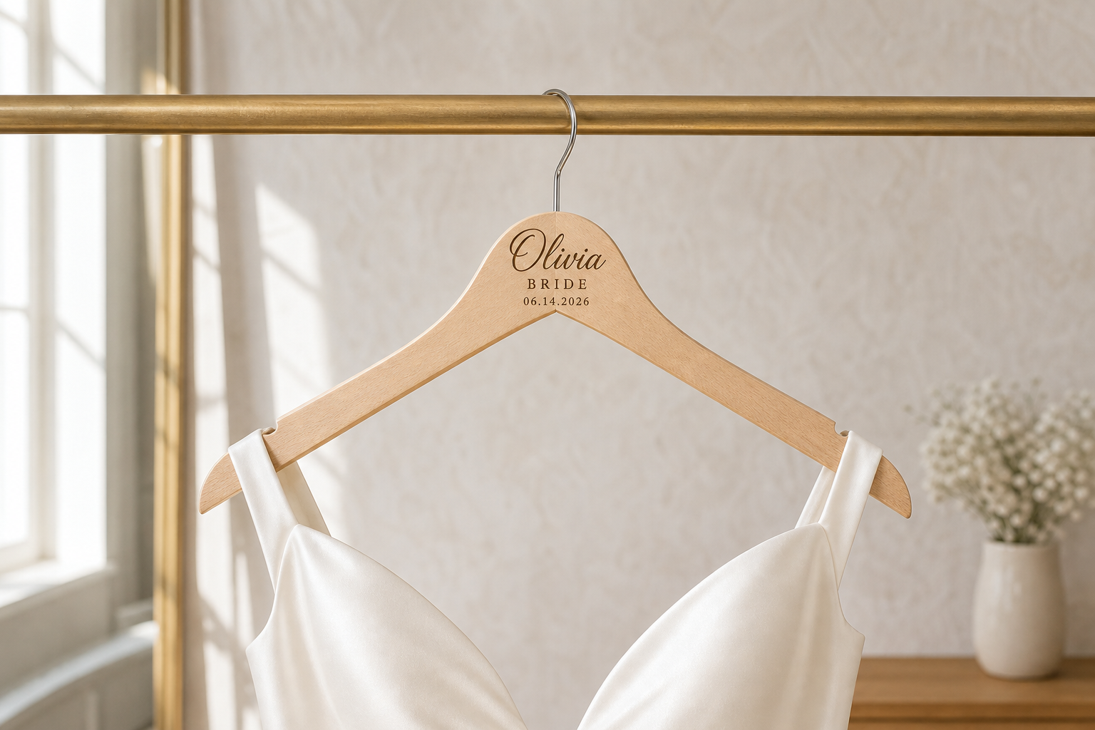 Personalized natural-wood wedding hanger displayed with an ivory wedding dress