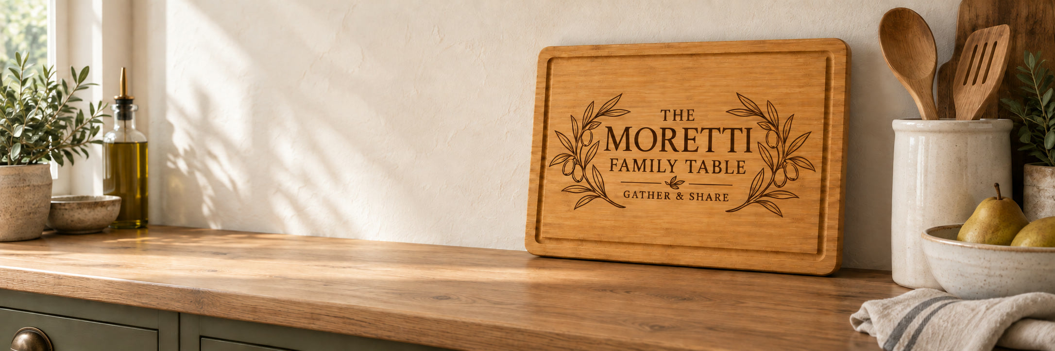 Personalized bamboo cutting board with an olive-branch family design in a warm kitchen