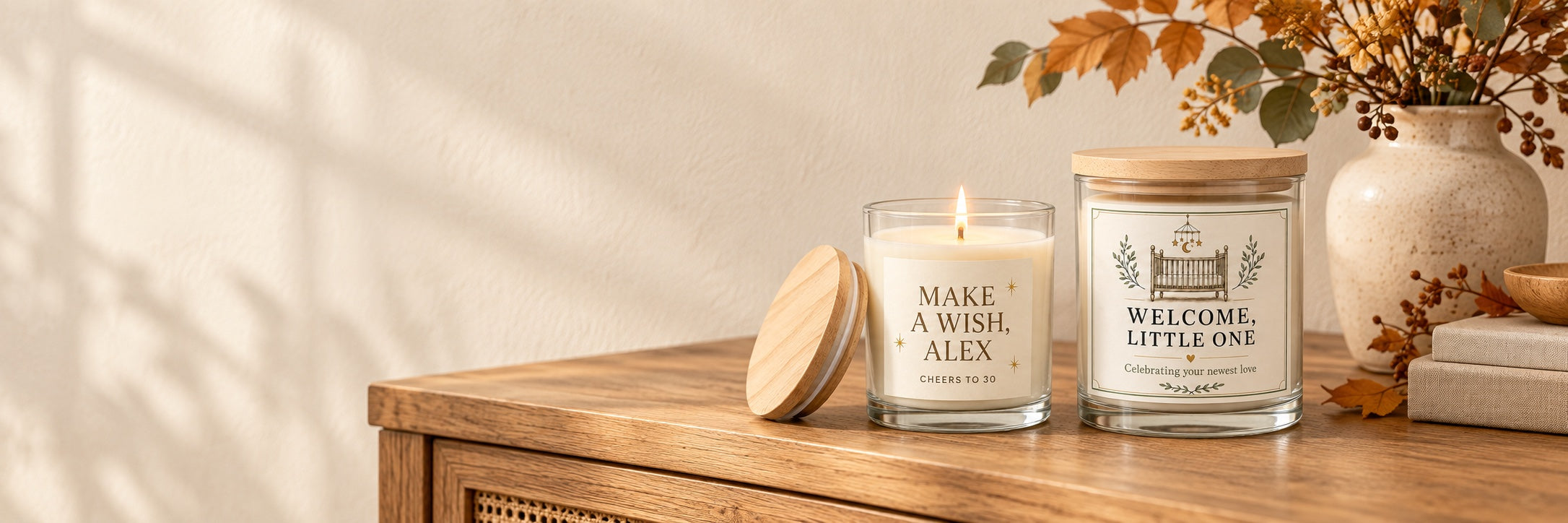 A lit personalized birthday candle beside a larger baby celebration candle with wooden lids on a warm wood console