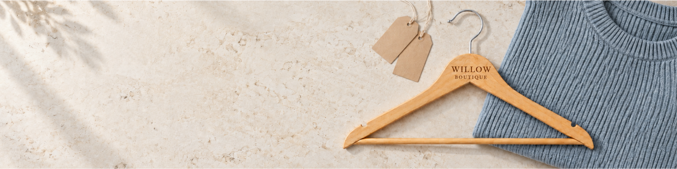 Natural wood hanger engraved WILLOW BOUTIQUE on a pale stone boutique counter beside a folded blue knit top and kraft clothing tags