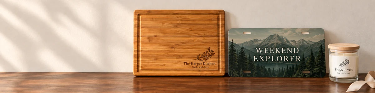 Personalized bamboo kitchen board, mountain license plate and thank-you candle on a warm wood table