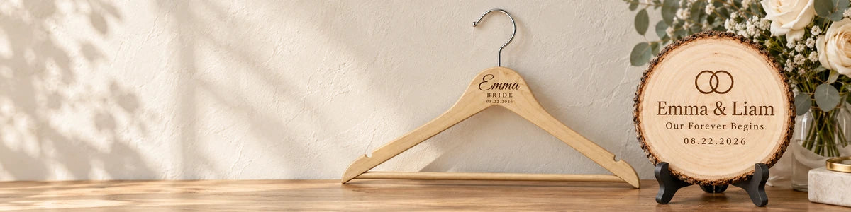 Personalized Emma bridal hanger and Emma and Liam wedding wood slice on a pale oak console beside ivory roses